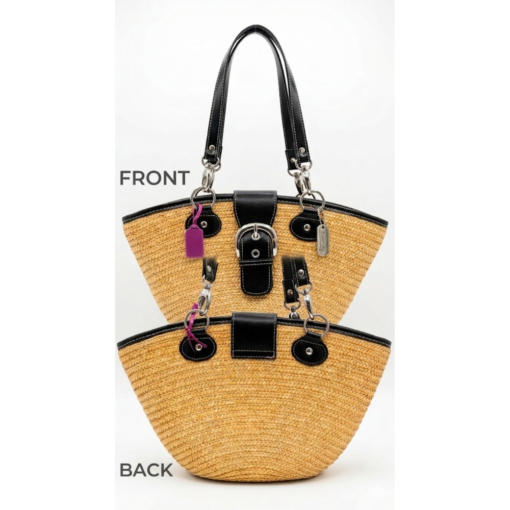 Woven Straw Tote Bag with Brown Faux Leather Trim and Silver Buckle Detail